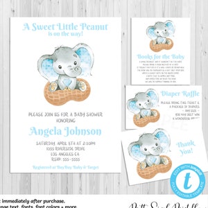 Bebé Elefante Baby Shower Invitaciones Niño Azul Editable Little Peanut Baby Shower Invitaciones Baby Shower Plantilla, Paquete de Acuarela, ELPB3