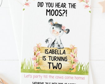 Cow Birthday Invitation, Girl, Editable, Barnyard Party, Farm Invite, Cow Birthday Party, Floral, Instant Download, Pink, Corjl, COWG