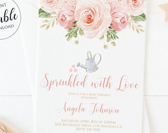 Baby Sprinkle Invitation Girl / Sprinkled with Love Baby Shower Invitation / Blush Pink Invite Template Download / Boho Editable Corjl BLG1