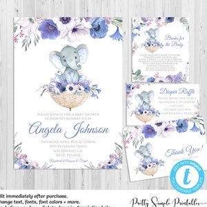 Invitation de douche de bébé garçon, Invitation de douche de bébé éléphant, tombola de couches, paquet modifiable Templett livre demande carte Floral invite ELUMB