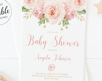 Blush Baby Shower Invitation / Pink and Gold Baby Shower Blush Floral Shower Invites Girl Blush Pink Invites Template Download Corjl BLG1