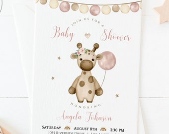 Giraffe Baby Shower Invitation Girl, Pink Invitation Template, Balloon Baby Shower, Safari, Editable Invitation, Instant Download GIR1