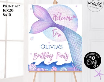 Mermaid Birthday Welcome Sign, Mermaid Theme Birthday Party, Editable Welcome Sign, Under the Sea Welcome Sign, Instant Download, MER1