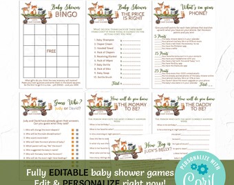 EDITABLE, Woodland Theme Baby Shower Games, Adventure Baby Shower Game, Boy, Girl Adventure Theme, The Price is Right, Bingo, Corjl, WD12
