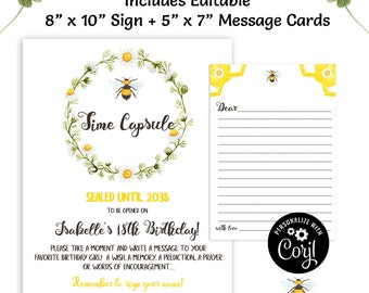 1st Bee Day Time Capsule First Birthday, Time Capsule Cards, Time Capsule Sign Girl, Boy Bee Birthday Party, Editable Template Corjl BEE1