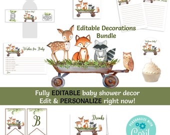 Woodland Banner, Baby Shower Decorations Boy, Girl, Cupcake Toppers, Adventure Theme, Wishes for Baby, Favor Tags, Water Bottle Labels, WD12