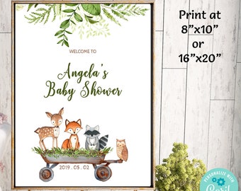 Woodland Welcome Sign, Woodland Baby Shower, 16x20 or 8x10, Woodland Theme, Woodland Animals Printables Editable Sign Template Corjl WD12