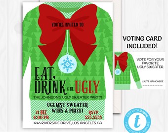 EDITABLE Ugly Sweater Party Invitations, Tacky Sweater Invitation, Christmas Adult Holiday Party, Voting Cards Printable Templett CHR14