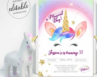 Unicorn Invite, Unicorn Birthday / Unicorn Party / Unicorn Printable Invitation / EDITABLE Unicorn Invitation / Girl Invitation / Corjl UNI7