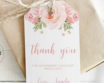 Editable Baby Shower Favor Tags Girl Printable Thank You Tags Instant Download, Blush Pink Gold Floral From my Shower to Yours Template BLG1