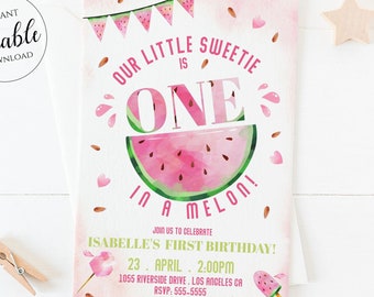 Watermelon Invitation, First Birthday Invitations for Girls, One in a Melon Pink Watermelon Party 1st Birthday Printable Template Corjl WAT2