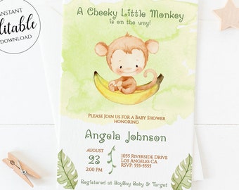 Monkey Baby Shower Invitation Boy Girl Gender Neutral Little Monkey Jungle Animal Invites Safari Editable Template Printable Corjl MK1