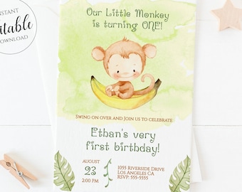 Monkey First Birthday Invitation Boy / Jungle Animal First Birthday / Safari 1st Birthday Invitation Editable Template / Little Monkey / MK2
