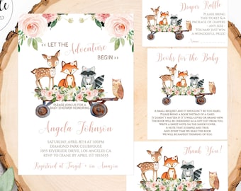 Pink Woodland Theme Floral Woodland Baby Shower Invitation Girl Adventure Baby Shower Editable Templates Diaper Raffle Books Fox, Deer, WD14