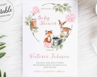 May include: Printable baby shower invitation featuring a watercolor illustration of woodland animals, including an owl, fox, raccoon, and deer, surrounding a pink floral wreath. The text reads "Join us for a Baby Shower Honoring Victoria Johnson" with details for the event.
