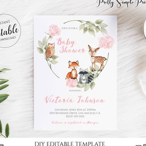 Woodland Baby Shower Invitation, Girl, Pink Woodland, Editable Template, Woodland Theme Baby Shower Fox, Deer, Roses, Floral Corjl, WD09