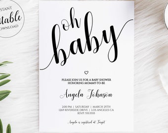 Oh Baby Shower Invitation, Modern Baby Shower Invitation, Black and White Baby Shower Invitation, Simple Baby Invite, Minimalist, Corjl BLW1