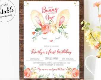 Some Bunny is One Invitation Girl / EDITABLE / Bunny Birthday Invite / Printable / Floral Invite / Instant Download / Template Corjl BUN2