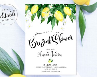 Citrus Bridal Shower Invitation, Lemon Invitation Bridal Shower, Floral Invitation, Greenery, Download, Editable Template Corjl Tuscan BRD4