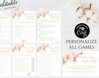 Editable Baby Shower Games, Blush Pink and Gold Bundle, Floral, BINGO, Price is Right, Mommy or Daddy, Phone Game, Girl Boho Corjl BLG1