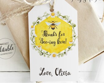 Bee Thank You Tag, Bee Favor Tags, Bee Themed Party, Thanks for Beeing Here Tag, Baby Shower Tags, Birthday Tags Printable, Corjl, BEE1