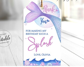 Mermaid Favor Tag, Mermaid Thank You Tags, Under The Sea Party, Mermaid Decorations, Girls Birthday Party Favors, Editable, Instant MER1