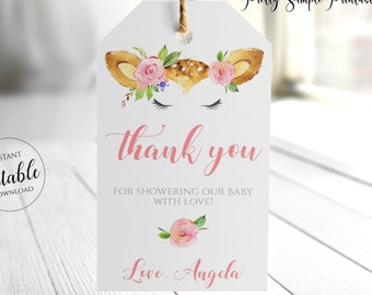 Thank You Tags Baby Shower, Editable Favor Tag, Deer Baby Shower Decorations, Woodland Gift Tags, Instant Download, Cute, Corjl, DEE1