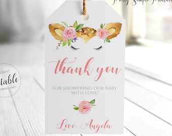 Thank You Tags Baby Shower, Editable Favor Tag, Deer Baby Shower Decorations, Woodland Gift Tags, Instant Download, Cute, Corjl, DEE1