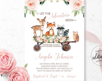 Girl Adventure Baby Shower Invitation / Girl Woodland Animal Baby Shower / Pink Woodland Theme / Floral / Editable Template, Blush Deer WD14