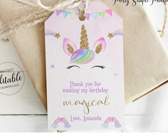 Unicorn Thank You Tags, Unicorn Favor Tags, Magical Birthday, Birthday Party Decorations for Girls, Editable thank you tags, Corjl UNI6