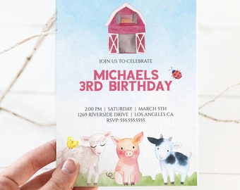 Farm Birthday Invitation, Boy, Barnyard Party Invites, Farm Animals, Farmyard Party, Farm Theme Birthday Invitation, Template Corjl, FAR2