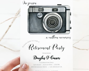 Retirement Invitation for Men, Women, Retirement Invite, Editable Template, Editable Instant Download, Retirement Celebration, Camera, RET7
