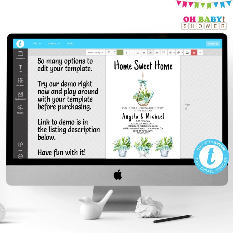 Op de afbeelding: Een computerscherm toont een aanpasbare uitnodigingssjabloon. De uitnodiging bevat de tekst "Home Sweet Home" en details voor een housewarmingparty. Het ontwerp bevat aquarel vetplanten en de woorden "Oh Baby! Shower" bovenaan.