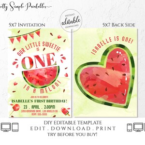 Watermelon Birthday Invitation One in a Melon First Birthday Red Watermelon Party 1st Birthday Invitation Printable Template Corjl Girl WAT1 image 3