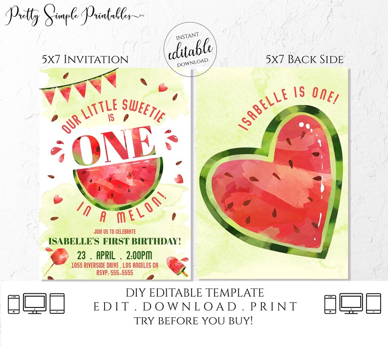 Watermelon Birthday Invitation One in a Melon First Birthday Red Watermelon Party 1st Birthday Invitation Printable Template Corjl Girl WAT1 image 3