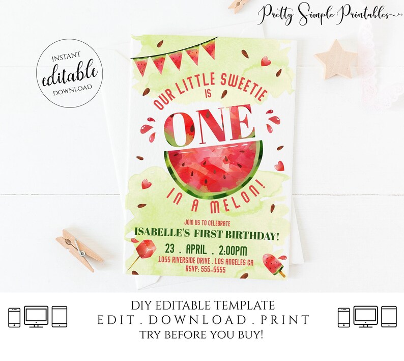 Watermelon Birthday Invitation One in a Melon First Birthday Red Watermelon Party 1st Birthday Invitation Printable Template Corjl Girl WAT1 image 1