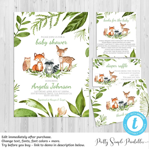 Woodland Baby Shower Bundle, Invitation, Editable, Greenery Baby Shower, Templett, Template Thank Card, Books, Fox, Deer Woodland Theme WD08