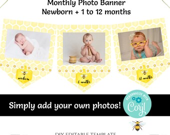 Bee Monthly Banner, Monthly Photo Banner Download, First Bee Day, Bee Themed Birthday, Bee Banner, Bee Party Decor, Digital, Corjl, BEE1