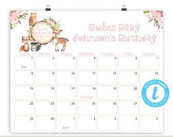 Floral Woodland Calendar, Pink, Predictions for Baby, Due Date Calendar Game, Girl, Baby Shower, Woodland Animals, Deer, Template, WD06