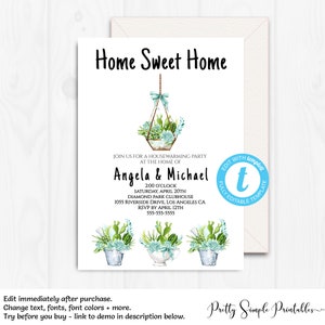 Op de afbeelding: Een witte uitnodigingskaart met de tekst "Home Sweet Home" in het zwart. Het bevat details voor een housewarming party, met aquarel illustraties van vetplanten en cactussen. De kaart is volledig bewerkbaar.