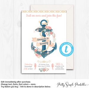 Nautical Birthday Invite, Girl, Anchor Birthday Invitation, Nautical Birthday Party, Template, Nautical Invitation, Templett, Printable NA01 image 8