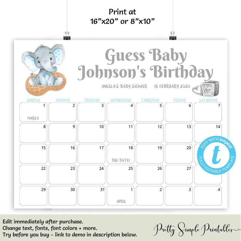 Predictions Boy Guess Baby/'s Birthday Blue Baby Due Date Calendar Due Date Game Editable Template Elephant Theme ELPB Elephant Calendar
