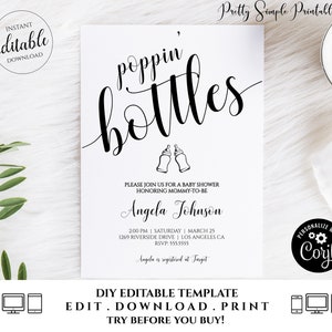 May include: A printable baby shower invitation with the text "poppin' bottles" in black cursive font. The invitation features two baby bottles and the text "Please join us for a baby shower honoring mommy-to-be Angela Johnson" in black text. The invitation also includes the date, time, and location of the shower, as well as the RSVP information.