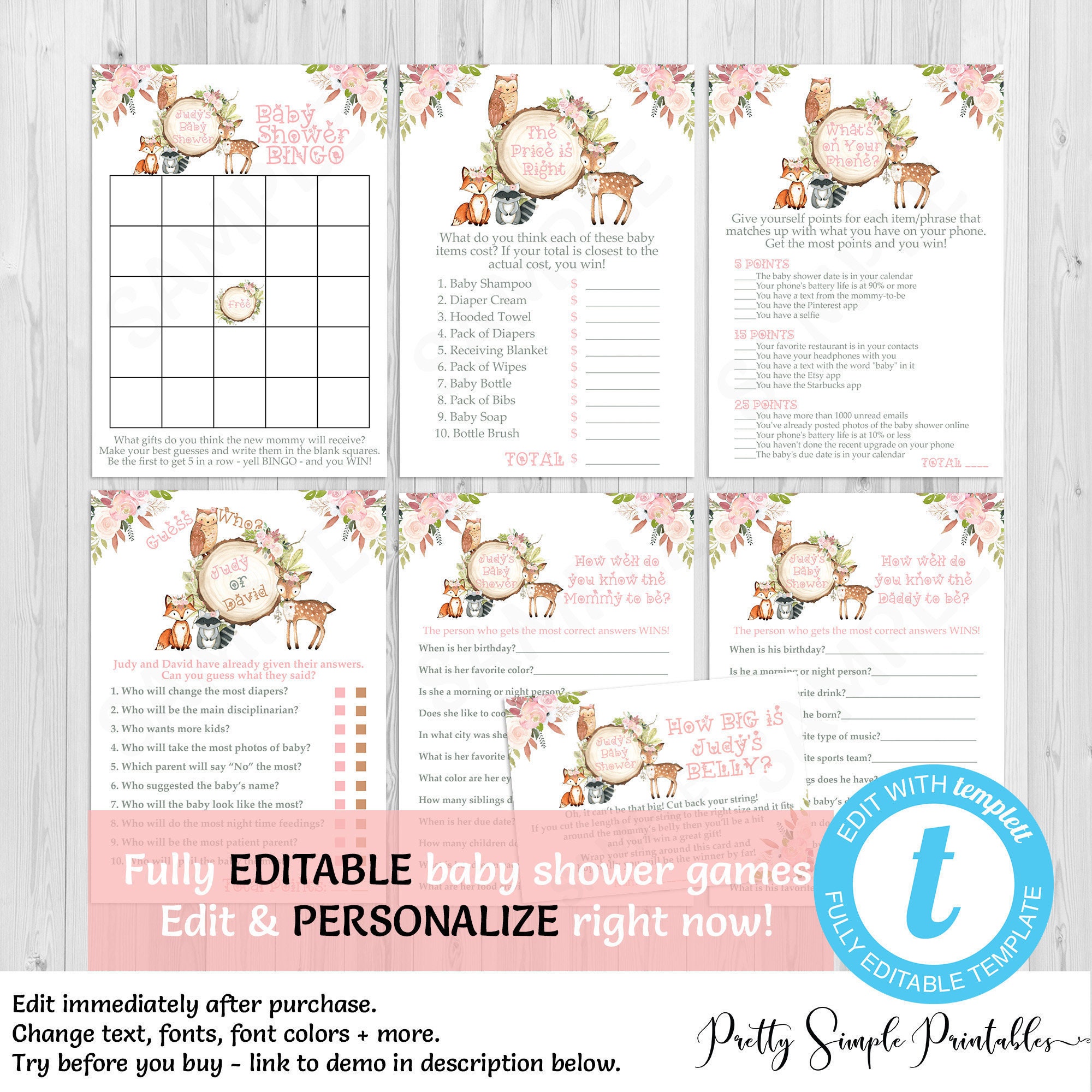 Woodland Baby Shower Games Girl Pack Baby Bingo Pink Etsy Woodland Baby Shower Games Girl Pack Baby Bingo Pink Etsy