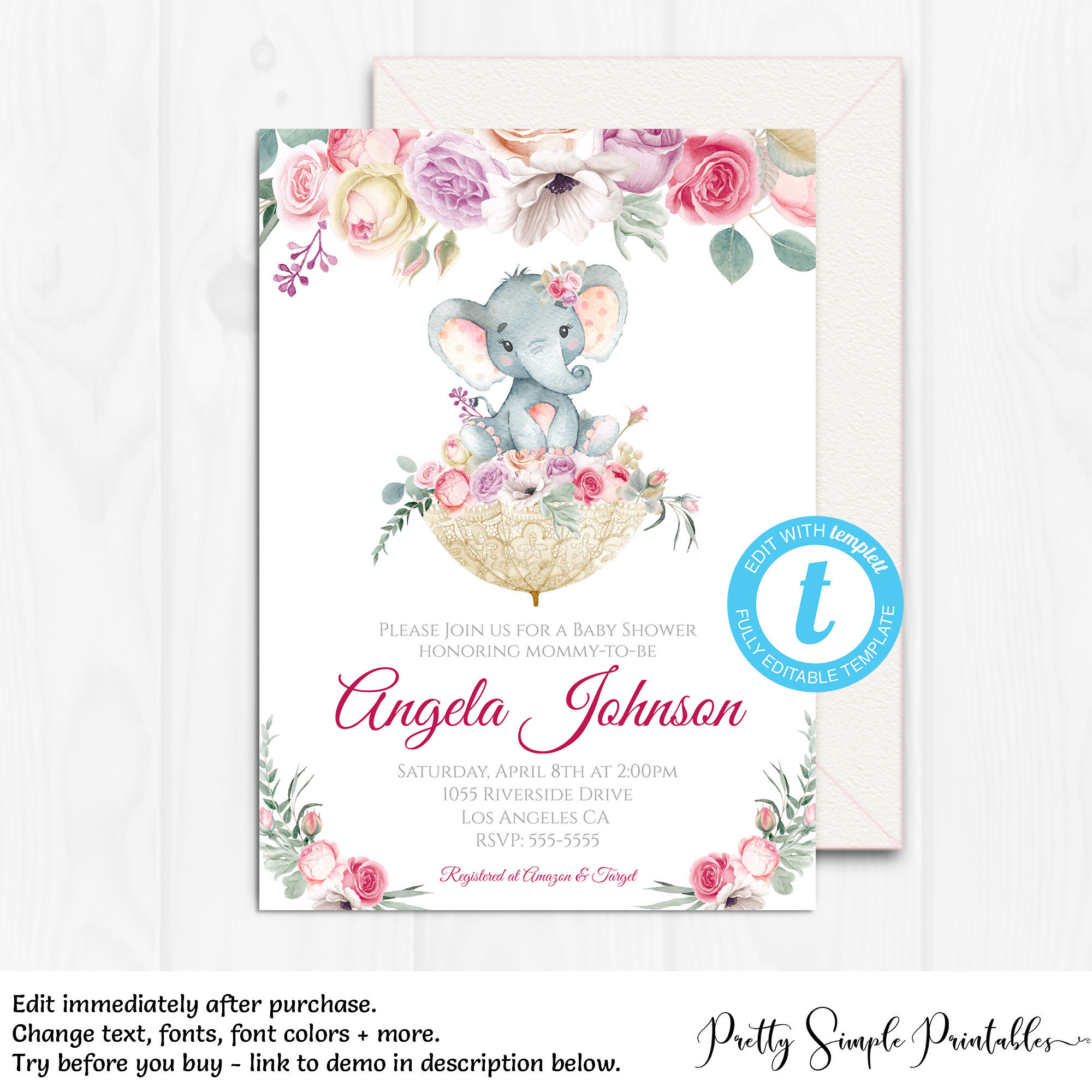 Cute Elephant Girl Baby Shower Invitations Instant Download Template