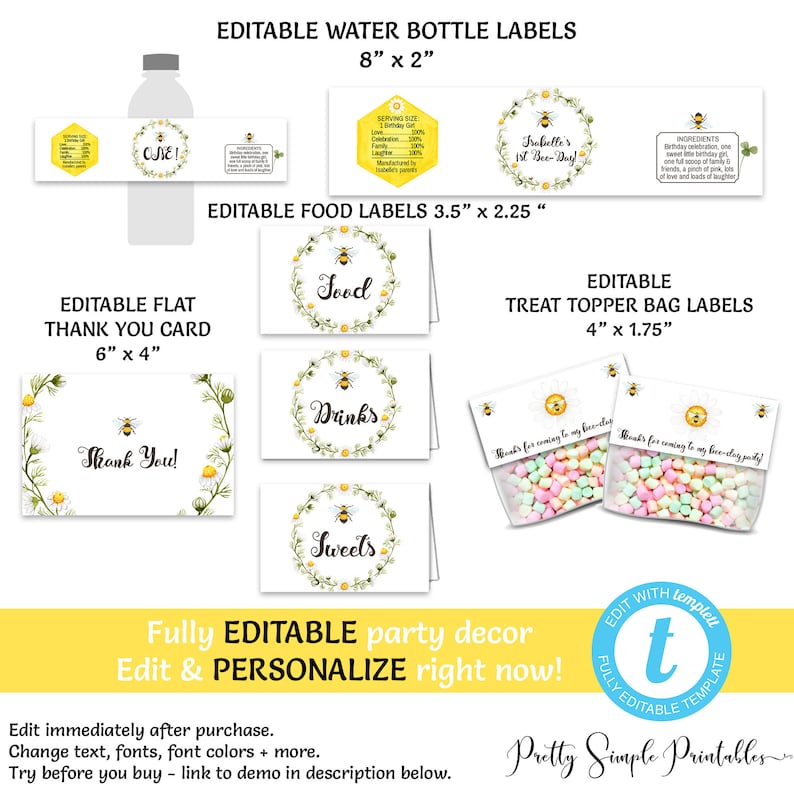 Bee Water Bottle Label Bee Decor 1st Bee Day Editable Birthday Bee Theme Templett BEE1 Bee Birthday Decorations Bee Favor Tags Bee Banner