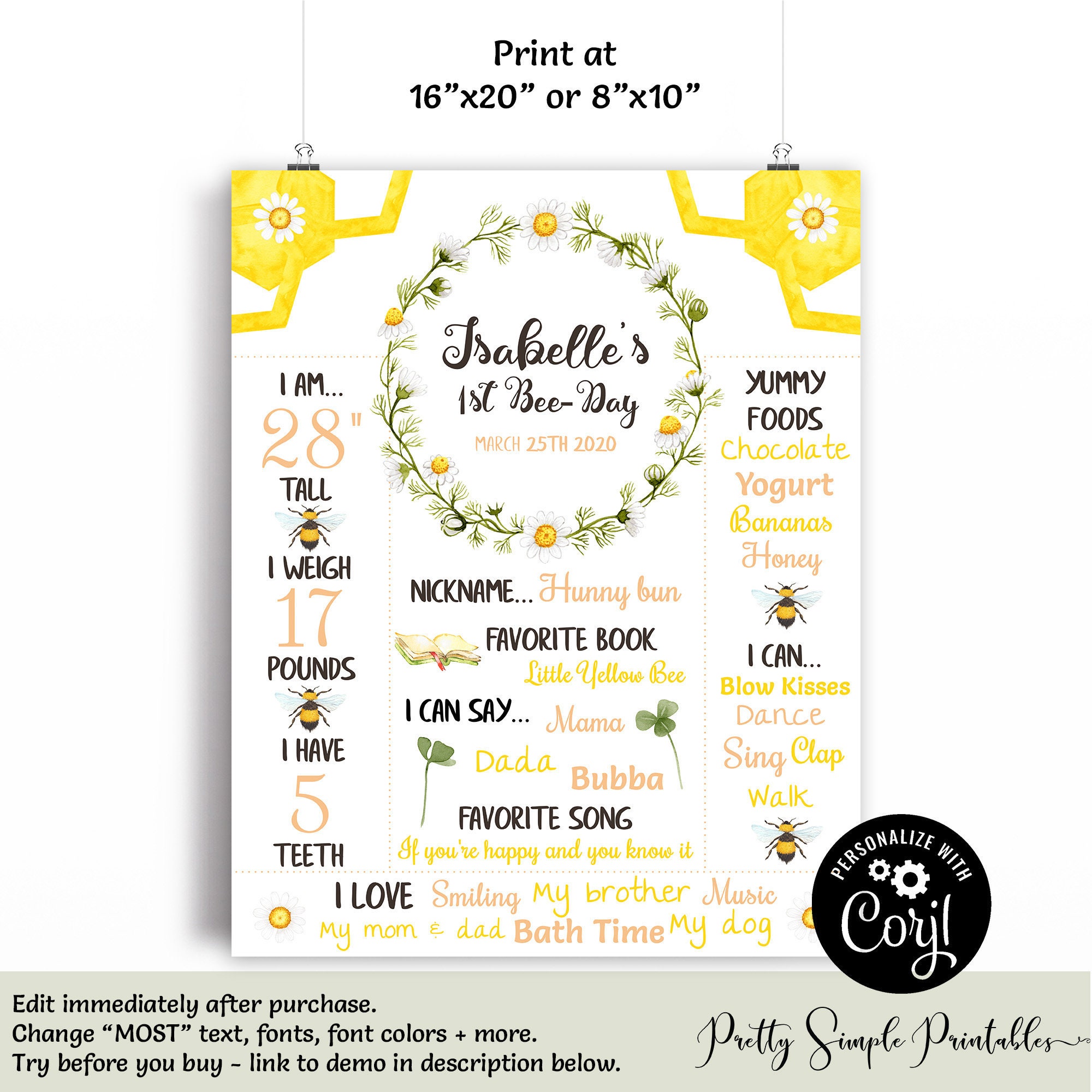 1st Birthday Chalkboard Sign / Bee First Birthday / Milestone Poster / Hunny Bee Birthday / Neutral Bee Day Party Corjl 16x20 / 8x10 BEE1