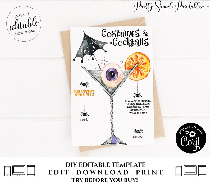 Halloween Invitation, Cocktails and Costumes Invitation Printable Boos and Booze Editable Halloween Costume Party Invite Adult Corjl HAL2 image 5