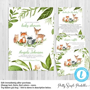 Puede incluir: Un conjunto de invitaciones imprimibles para un baby shower con tem&aacute;tica de bosque. La invitaci&oacute;n presenta un fondo verde frondoso con un ciervo, un zorro, un mapache y un b&uacute;ho. El texto dice "Por favor, &uacute;nase a nosotros para un baby shower en honor a Angela Johnson". Las tarjetas tambi&eacute;n incluyen una tarjeta de "libros para el beb&eacute;" y una tarjeta de "rifa de pa&ntilde;ales".