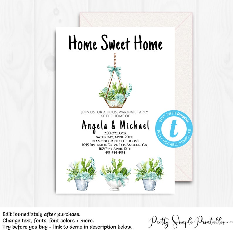 Op de afbeelding: Een witte uitnodigingskaart met de tekst "Home Sweet Home" in het zwart. Het bevat details voor een housewarming party, met aquarel illustraties van vetplanten en cactussen. De kaart is volledig bewerkbaar.